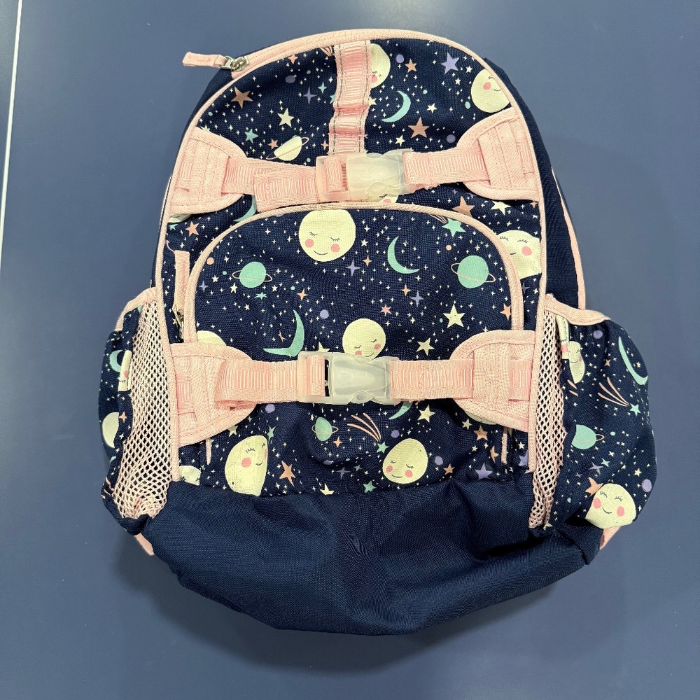 Pottery Barn Kids Pink Navy Glow-in-the-Dark Moons Mackenzie Backpack, Size Lg